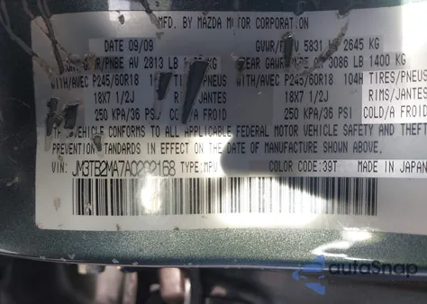 2010 Mazda Cx-9 Sport z USA, uszkodzony, nr VIN JM3TB2MA7A0202168